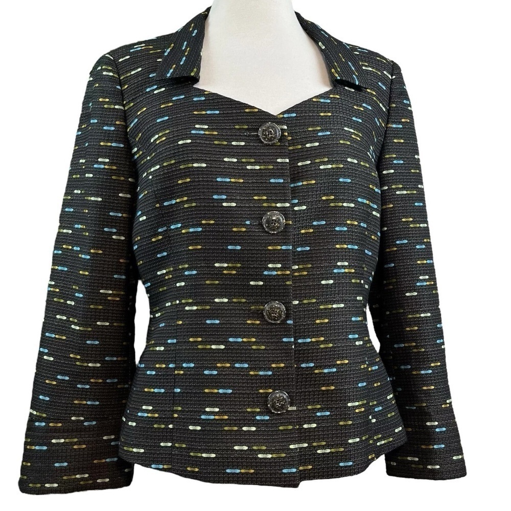 Santorelli Italy Loretta Tweed Buttoned Blazer Jacket Dark Brown Green Size 6